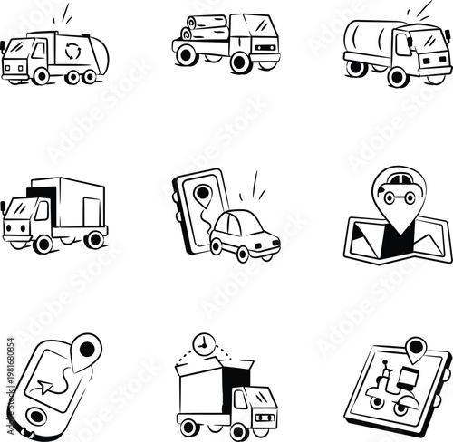 Set of Hand Drawn Transport and Navigation Icons 