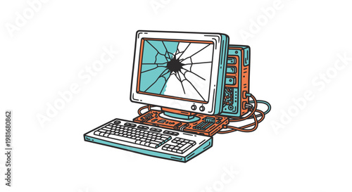 Broken Vintage Computer Vector Illustration, Retro Desktop PC with Cracked Monitor Screen for Technology Failure and Hardware Repair Concept Graphic Design