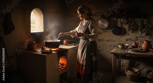 woman cooking over open flame in rustic kitchen