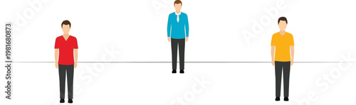 Three diverse men stand apart in a minimalist illustration showing social distancing and health safety protocols for public office spaces
