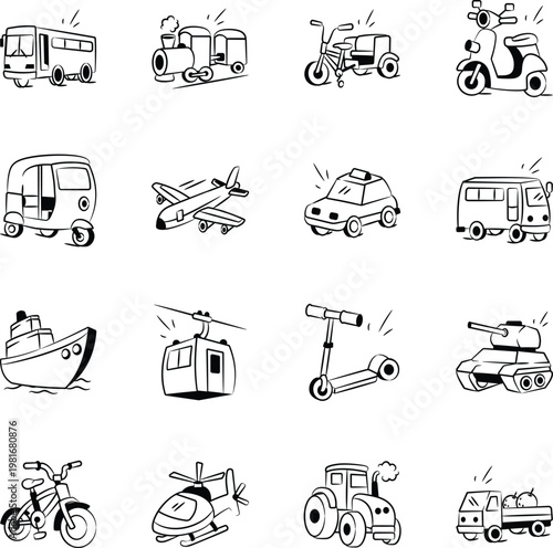 Collection of Hand Drawn Transportation Icons 