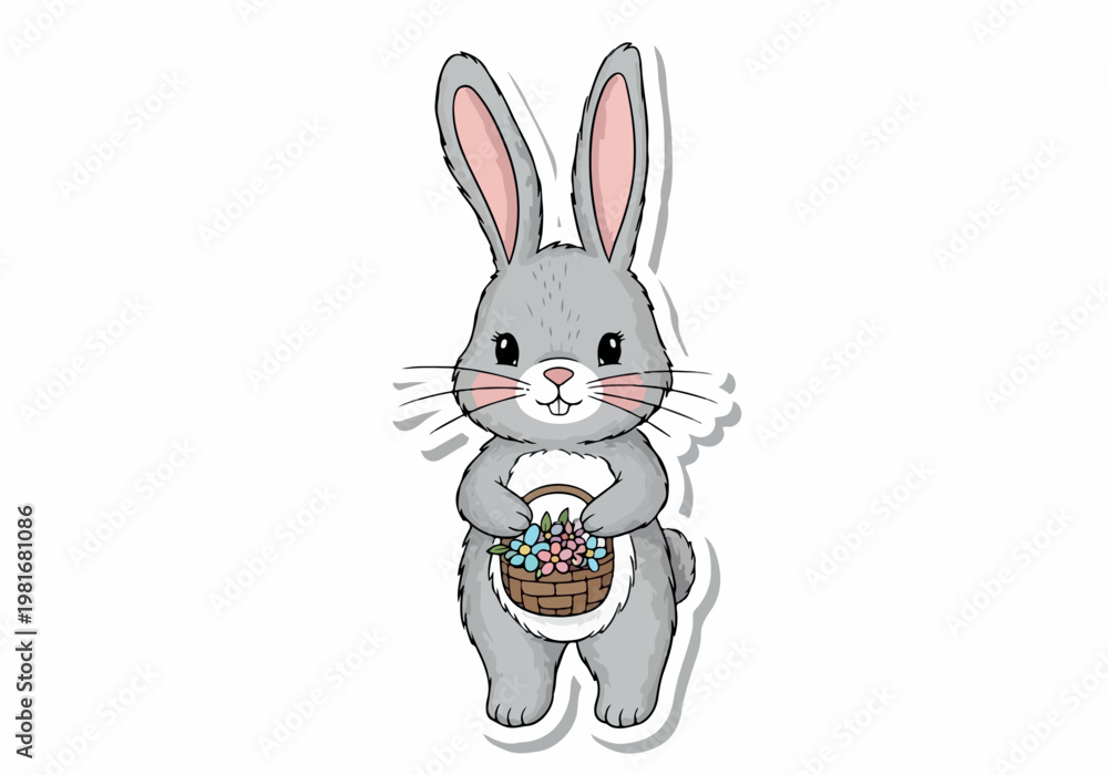 Obraz premium Vector illustration of a cute Easter bunny rabbit holding a basket full of flowers, perfect for spring and holiday designs