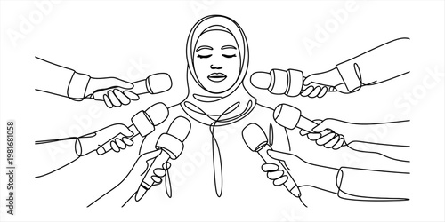 A woman wearing a hijab being interviewed by many journalists holding microphones in a press meet Vector, illustration