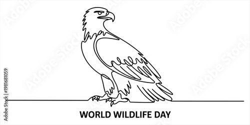 A single line drawing of a majestic eagle perched symbolising the beauty of world wildlife day Vector, illustration