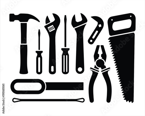Hand Tools Silhouette icons set. silhouette hand tools for repair and construction. worker icons set