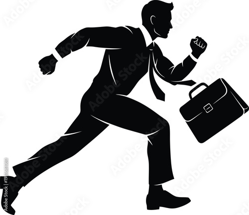 Successful businessman silhouette running fast while holding briefcase