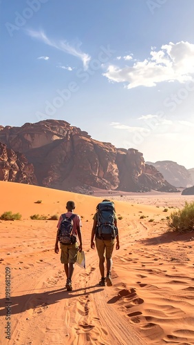Two hikers walking on a desert path towards mountains