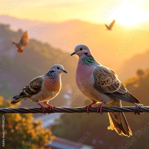 Two birds on a wire at sunset