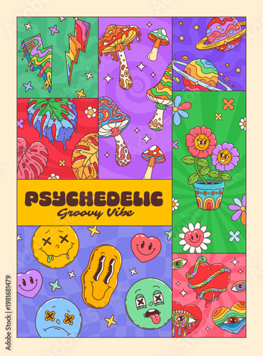 Groovy characters collage poster with psychedelic smiles and mushrooms, vector hippie art. Retro poster with groovy rainbow planets, funky daisy flowers and freaky melting smile emoji and hearts