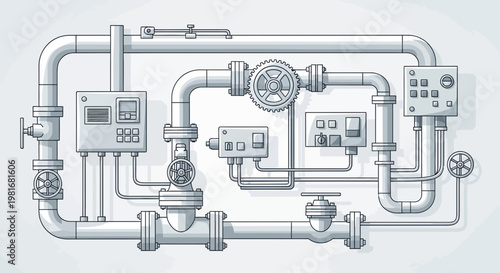 Industrial Pipeline System with Valves and Control Panels, Technical Schematic
