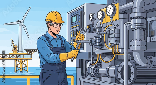 Offshore technician inspects industrial equipment near wind turbine and oil rig