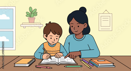 Mother helping son with homework at desk, learning, education, family, studying, home
