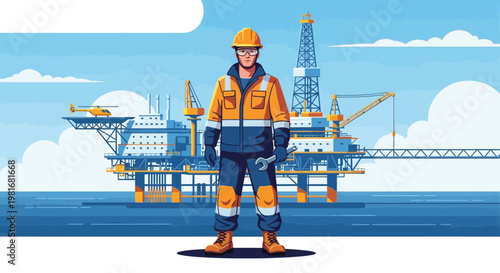 Offshore oil rig worker in uniform standing with tools, oil platform and helicopter background.
