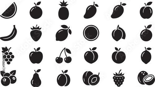 Summer Organic Fresh Fruits And Tropical Food Vector Icon Set