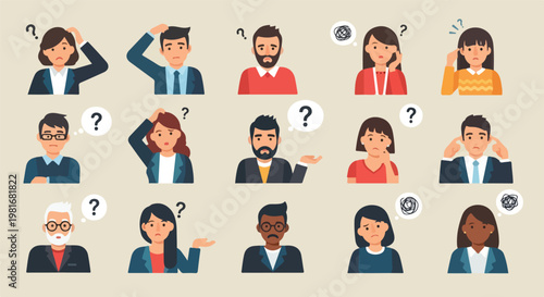 Confused People Faces with Question Marks. Set of Sad Characters Thinking and Feeling Uncertain. Diverse People Expressions of Doubt and Mental Confusion Vector Illustration.