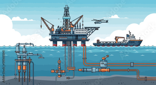 Offshore oil rig platform with helicopter and supply ship, underwater pipes and drilling.
