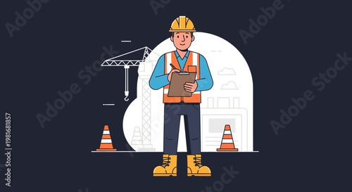 Construction Worker with Clipboard and Crane on Site