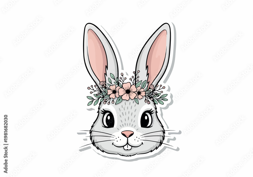 Fototapeta premium Vector illustration of a cute Easter rabbit adorned with a delicate floral crown, perfect for spring celebrations and charming designs
