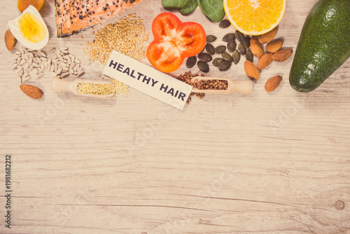 Fresh healthy eating as source various vitamins or minerals. Hair in good condition. Place for inscription on board