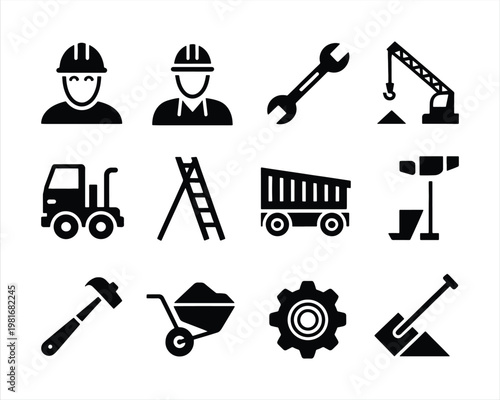 Construction and Engineering Icons. Industrial, construction solid icon set. worker icons set