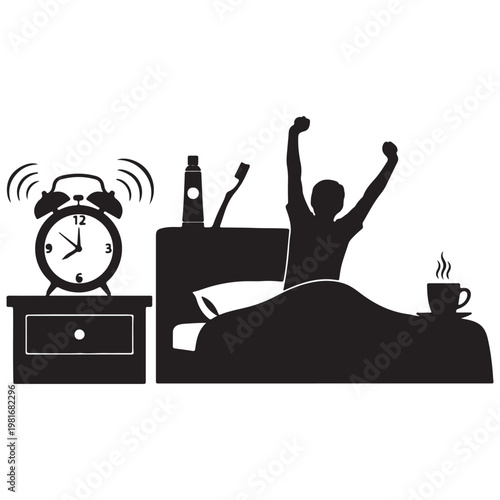 Waking up morning routine silhouette with waking