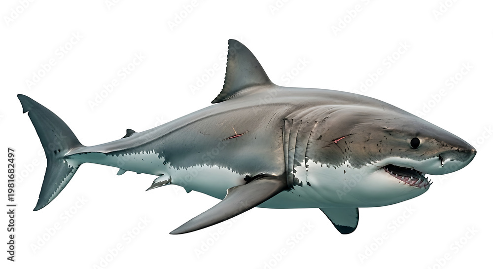 Fototapeta premium Powerful great white shark, a magnificent marine predator isolated on a clean white background, showcasing its formidable presence