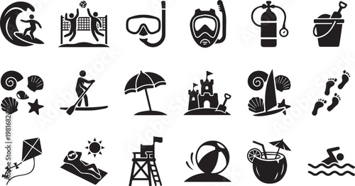 Summer beach vacation and water sports icons set for travel