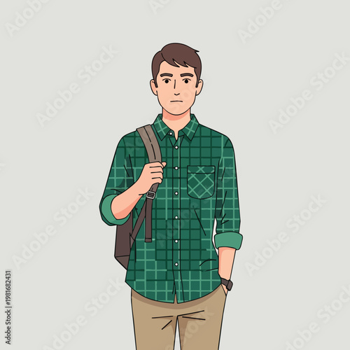 Young Man Standing with Backpack in Casual Outfit for Travel or Education Concepts