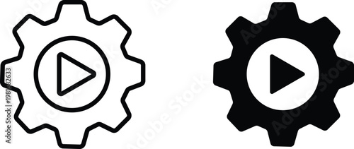 Minimalist gear play button icons, black outline and solid cogwheel vector set, automation and video processing symbols for web interface design