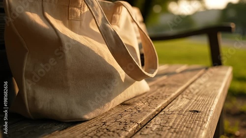 Empty canvas tote bag on wooden park bench at golden hour