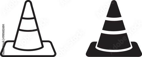 Traffic cone black silhouette and outline icon set. Isolated road safety and construction sign set.