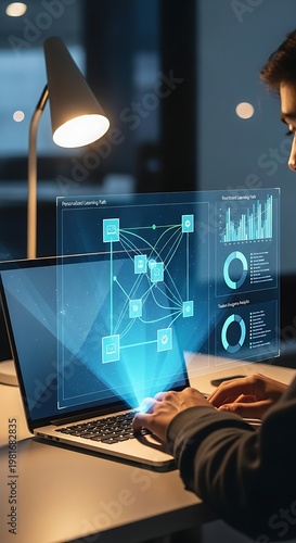 Man working on laptop with futuristic holographic interface displaying data analytics and network connections, representing technology and innovation