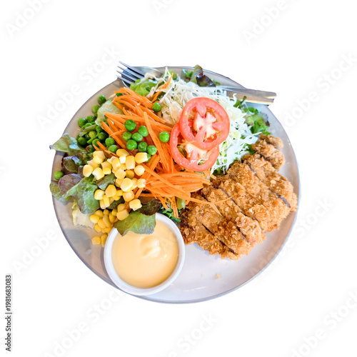 Freshly prepared and beautifully presented meal on a plate. This delicious dish combines a colorful garden salad with a slice of fried chicken.