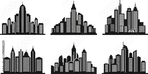 Set of six distinct black and white city skyline silhouettes featuring modern skyscrapers and urban architecture