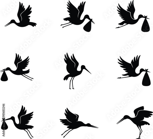 Photos Collection of nine black silhouette icons of storks carrying bundles on white bi