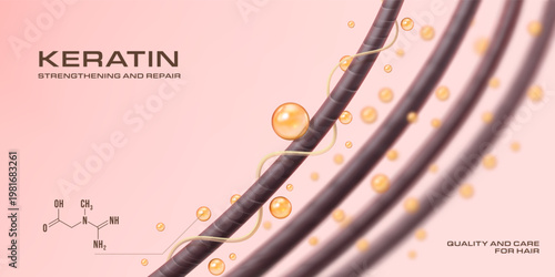 Shampoo keratin repair and hair roots. Molecule of oil protect and care hair follicle health, serum for scalp and skin great solution for damage hair. Luxury elegant banner with keratin formula