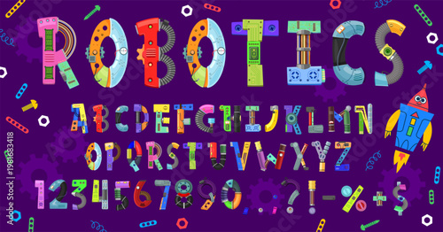 Kids robot alphabet, droid font and mechanic type, vector typography. Cartoon robot font letters made of mechanical parts, screws, wires and pipes, electronic boards, robotic arms, gears and circuits