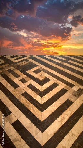 Abstract Geometric Pattern on Floor with Vibrant Sunset Sky