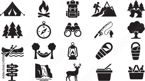 Summer Camping And Outdoor Adventure Nature Vector Icon Set