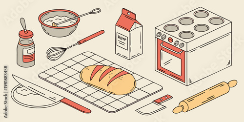 Isometric illustration of baking ingredients and kitchen appliances