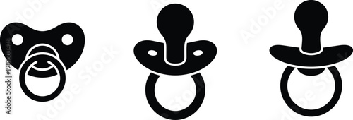 Three Black Silhouette Pacifiers with Different Nipple Shapes on White Background soother dummy