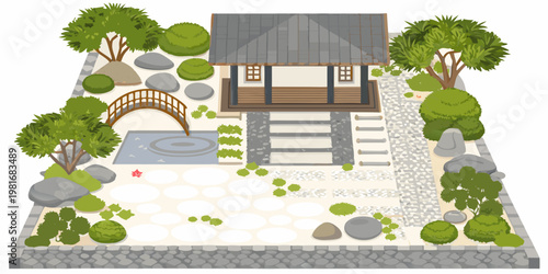 Isometric illustration of a traditional japanese garden with a small house