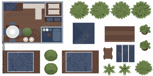 Top down view of a room patio and outdoor elements in a flat style