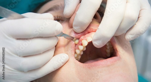 Close up view of a professional dentist performing oral surgery on a patient in a clinic.