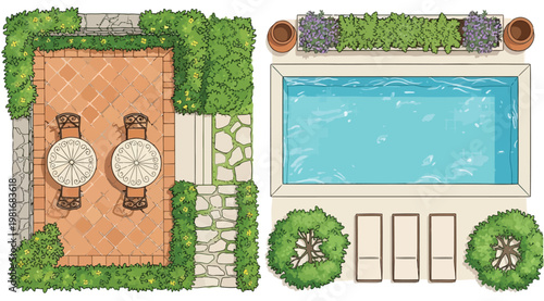Top view of a mediterranean style garden design with a swimming pool, patio dining area, and lush greenery