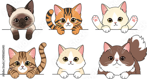 Cute Cartoon Cat Heads Peeking Collection with Different Breeds and Expressions for Kids Illustration, Pet Design, Stickers, and Adorable Vector Set.