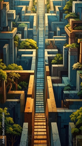 Serene Pathway Through Abstract Urban Jungle at Sunset