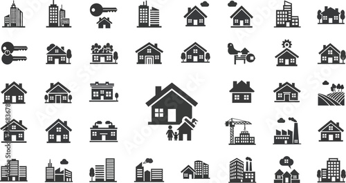 A comprehensive collection of black silhouette icons representing various residential buildings and modern urban architectural structures