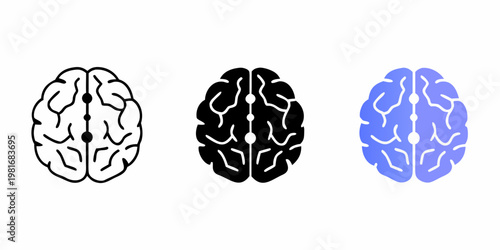 Three stylized brain illustrations in different color schemes
