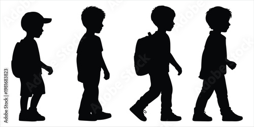 Silhouettes of Boys Wearing Backpacks Walking in a Line on White Background child